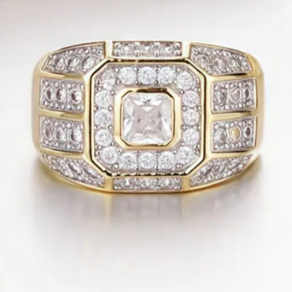 Classic Men's Gold and Silver Art Deco Ring with Diamond Accents Sz 11